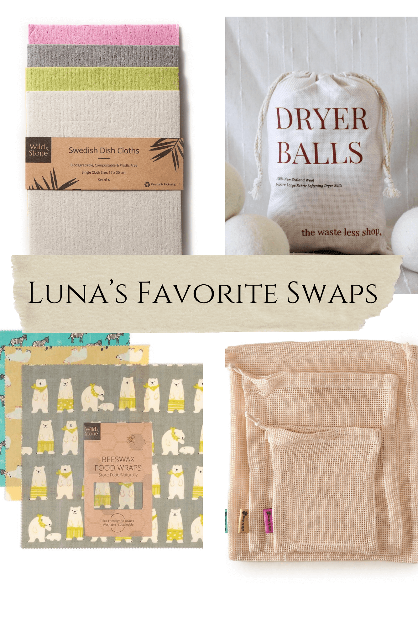 Luna's Favorite Swap Bundle with eco-friendly Swedish dish cloths, wool dryer balls, beeswax wraps, and produce bags.