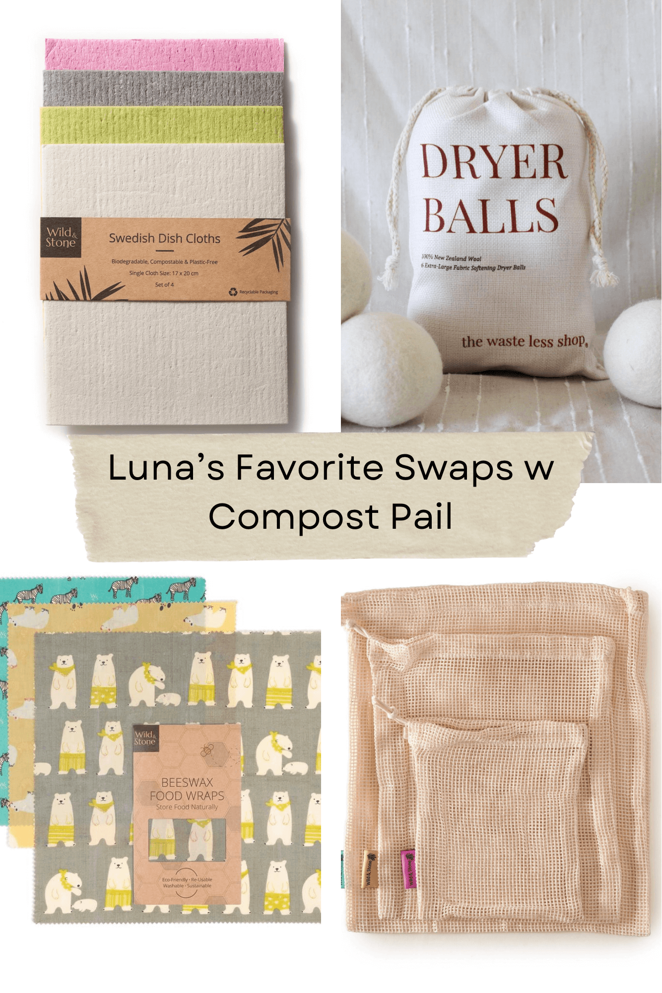 Luna's Favorite Swap Bundle featuring eco-friendly Swedish dish cloths, dryer balls, beeswax wraps, and produce bags.