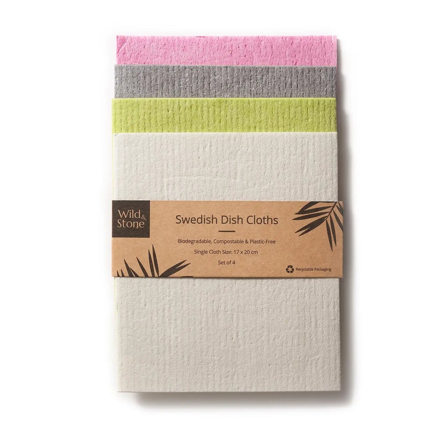 Set of 4 biodegradable Swedish dish cloths by Wild & Stone in pink, gray, green, and white.