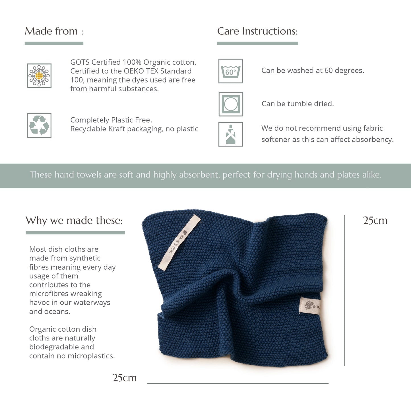 Dish Cloths - 100% Organic Cotton by Wild & Stone